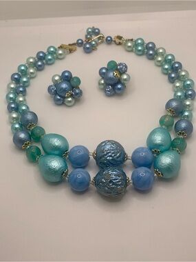 Aqua & Light Blue Beaded Necklace with Clip-On Earrings - Japan